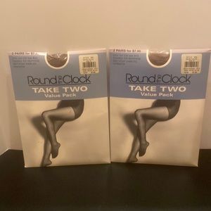 Round the Clock controltop pantyhose nylons satin taupe 2 packages 4 pair sz B